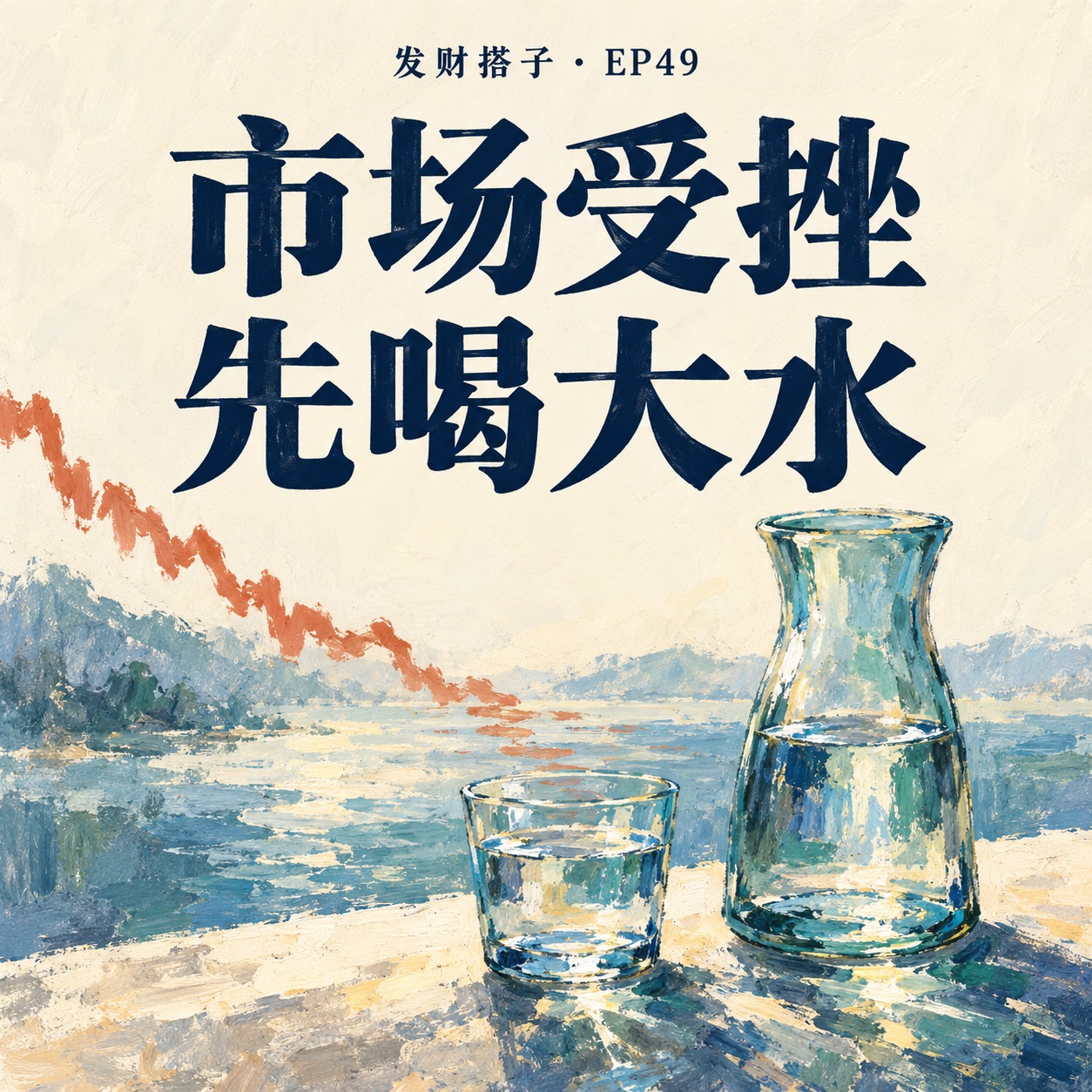 本期封面:印象派笔触、水杯与留白,文字为市场受挫、先喝大水